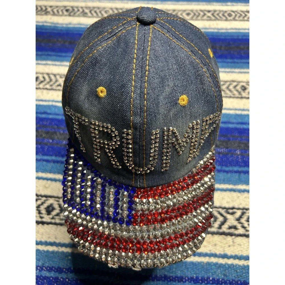 Womens Denim Donald Trump Hat Cap Flag Rhinestones MAGA Distressed Style
